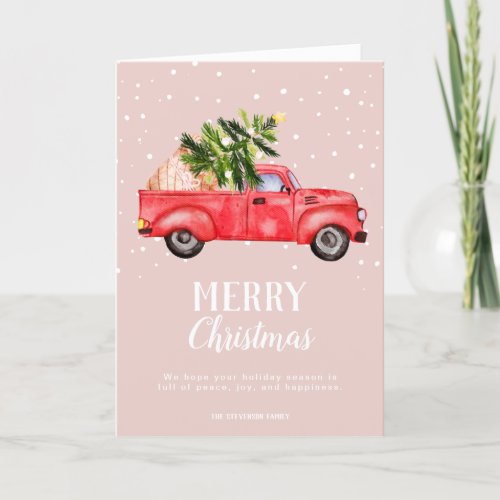Vintage red truck Christmas tree pink 3 photo Holiday Card