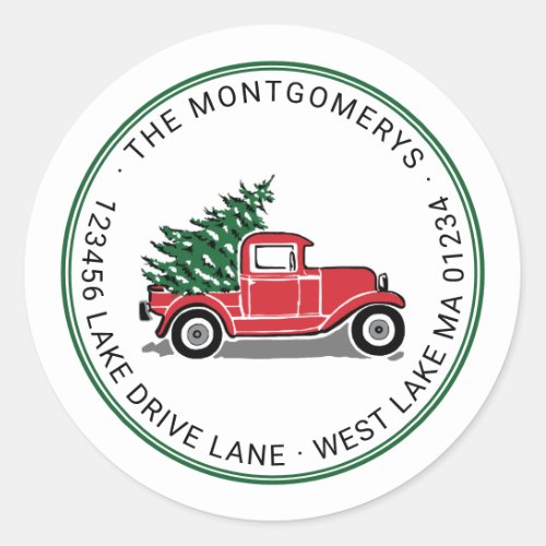 Vintage Red Truck Christmas Tree Return Address Classic Round Sticker