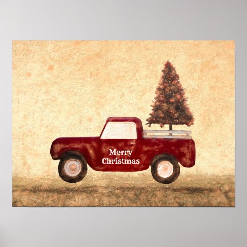 Vintage Red Truck Christmas Tree Rustic Farmhouse Poster