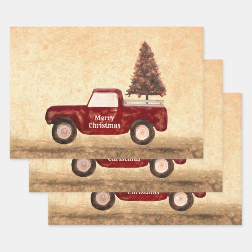 Vintage Red Truck Christmas Tree Rustic Farmhouse Wrapping Paper Sheets