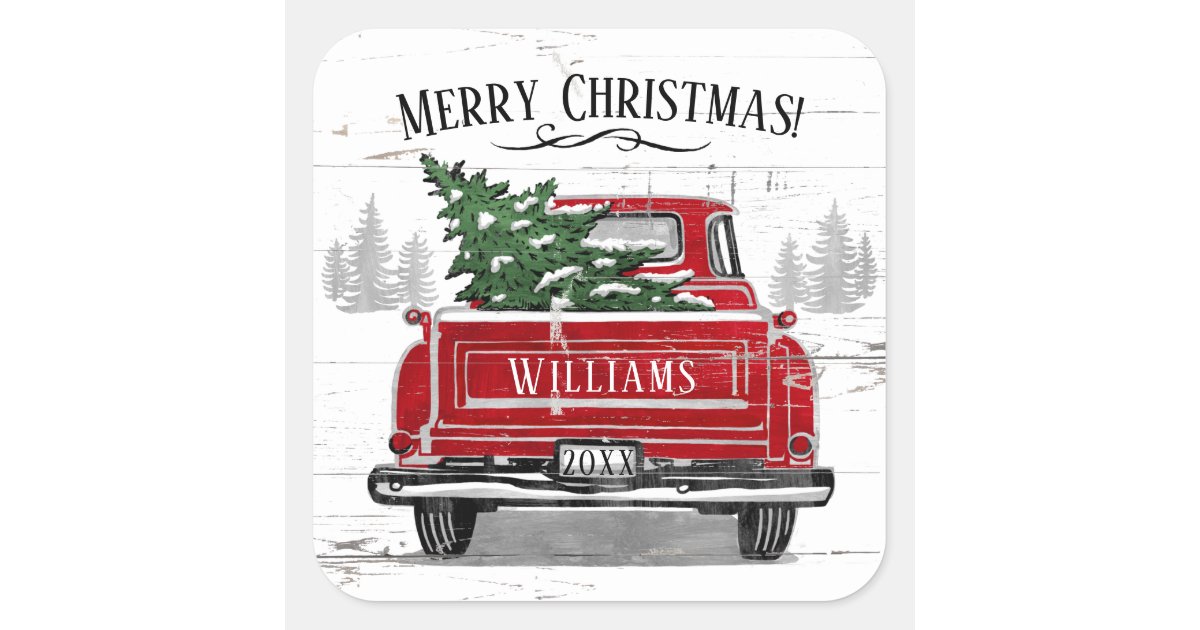Vintage Red Truck Christmas Tree Rustic Holiday Square Sticker | Zazzle