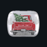 Vintage Red Truck Christmas Tree Rustic Name Candy Tin<br><div class="desc">Wrap those sweet gifts in this rustic themed candy tin. This design features a vintage red truck carrying a freshly cut green Christmas tree in a snowy scene with pine trees on a background of white and gray weathered wood. Personalize with your name and the year on the back of...</div>