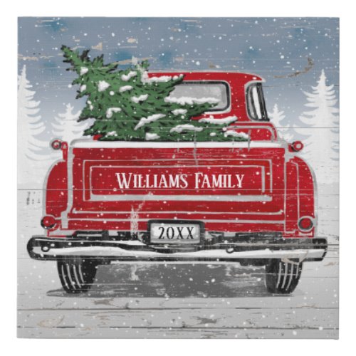 Vintage Red Truck Christmas Tree Rustic Name Faux Canvas Print