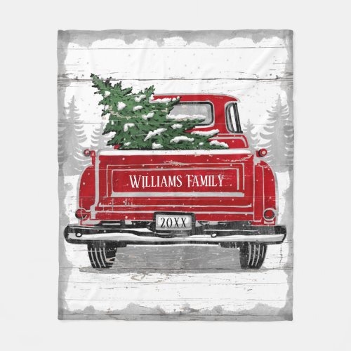 Vintage Red Truck Christmas Tree Rustic Name Fleece Blanket