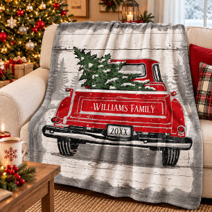 Vintage Red Truck Christmas Tree Rustic Name Fleece Blanket