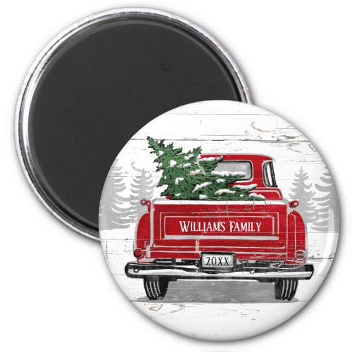 Vintage Red Truck Christmas Tree Rustic Name Magnet