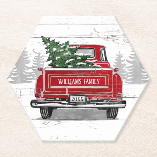 Vintage Red Truck Christmas Tree Rustic Name Paper Coaster