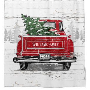 Rustic Farm Truck Winter Christmas Tree Shower Curtain Set For Bathroom Decor 