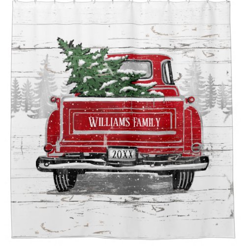 Vintage Red Truck Christmas Tree Rustic Name Showe Shower Curtain