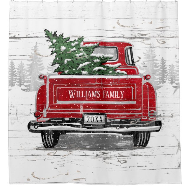 Vintage Red Truck Christmas Tree Rustic Name Showe Shower Curtain (Front)