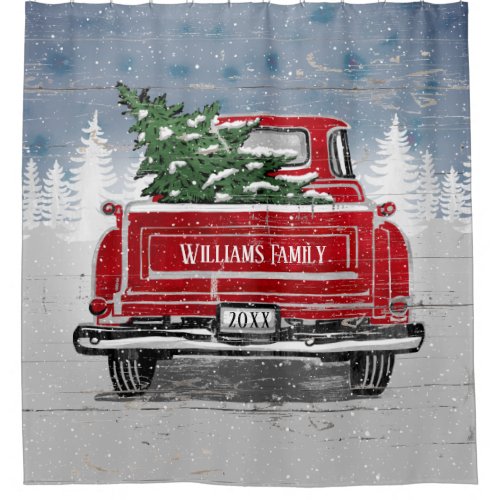 Vintage Red Truck Christmas Tree Rustic Name Shower Curtain