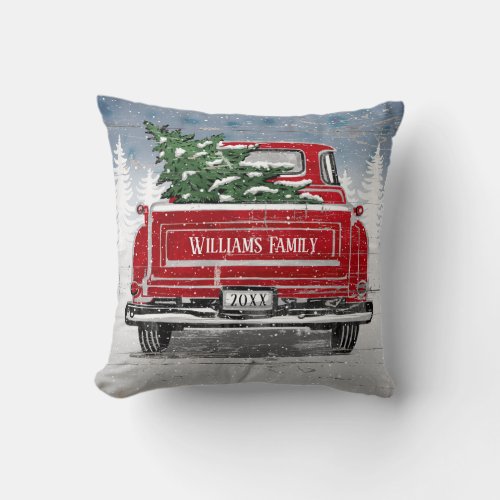 Vintage Red Truck Christmas Tree Rustic Name Throw Pillow