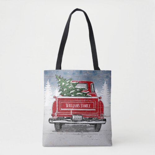 Vintage Red Truck Christmas Tree Rustic Name Tote Bag