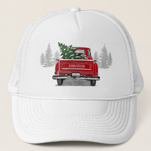 Vintage Red Truck Christmas Tree Rustic Name Trucker Hat