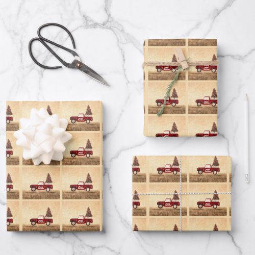 Vintage Red Truck Christmas Tree Rustic Pattern Wrapping Paper Sheets