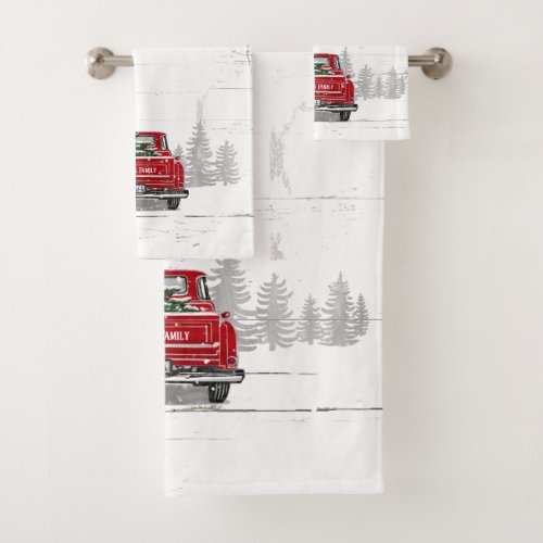 Vintage Red Truck Christmas Tree Rustic Pine Name Bath Towel Set