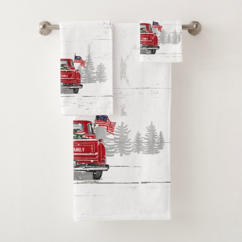 Vintage Red Truck Christmas Tree Rustic Pine Name  Bath Towel Set