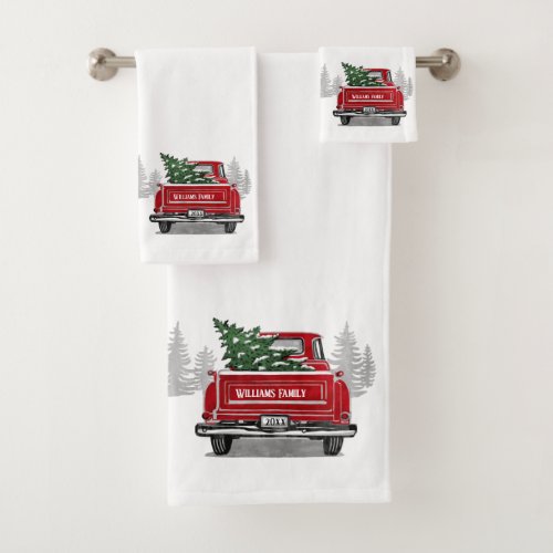 Vintage Red Truck Christmas Tree Rustic Pines Name Bath Towel Set