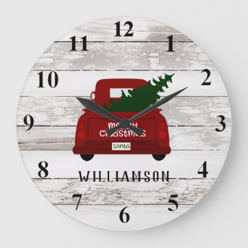 Vintage Red Truck Christmas Tree Rustic Wood Round Large Clock