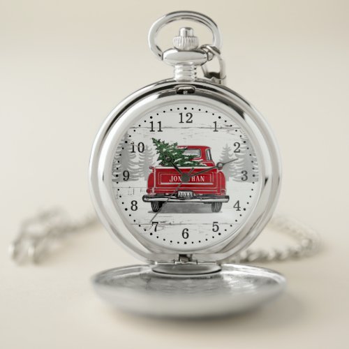 Vintage Red Truck Christmas Tree Rustic Wood Round Pocket Watch