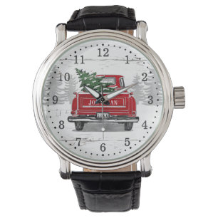 Vintage Red Truck Christmas Tree Rustic Wood Round Watch