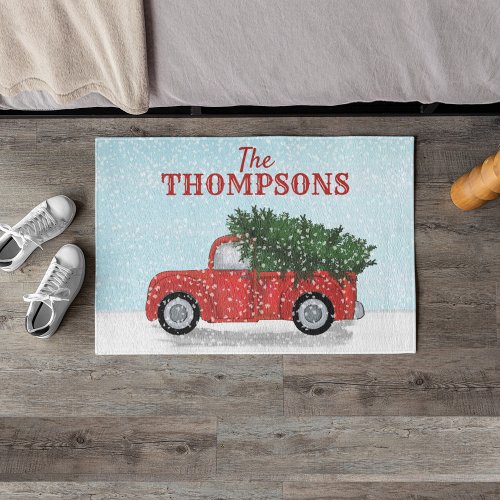 Vintage Red Truck Christmas Tree Snow Personalized Doormat