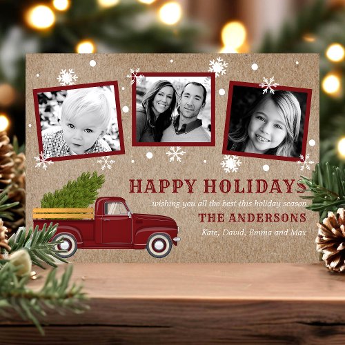 Vintage Red Truck Christmas Tree Snow Retro Photo Holiday Card