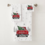 Vintage Red Truck Christmas Tree Snowflakes Name Bath Towel Set<br><div class="desc">This rustic inspired bathroom towel set features a vintage red truck with a Christmas tree in the back and a stand of pine trees and snowflakes. Personalize with your family name and year on the back of the truck. Designed by world renowned artist ©Tim Coffey.</div>
