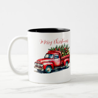 Vintage Red Truck Christmas Tree Two-Tone Coffee Mug
