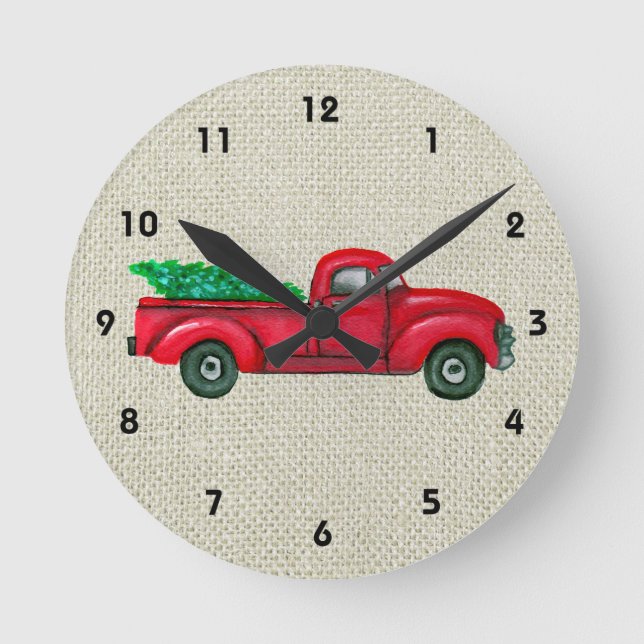 Vintage Red Truck Christmas Tree Wall Clock (Front)