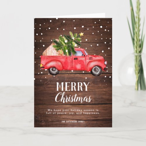Vintage red truck Christmas tree wood 3 photo Holiday Card