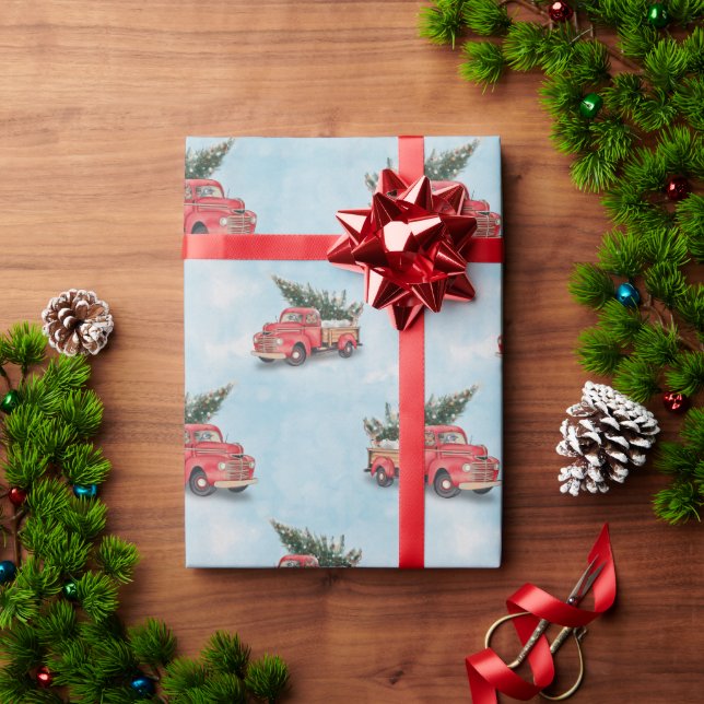 Vintage Red Truck Christmas Tree Wrapping Paper (Holiday Gift)