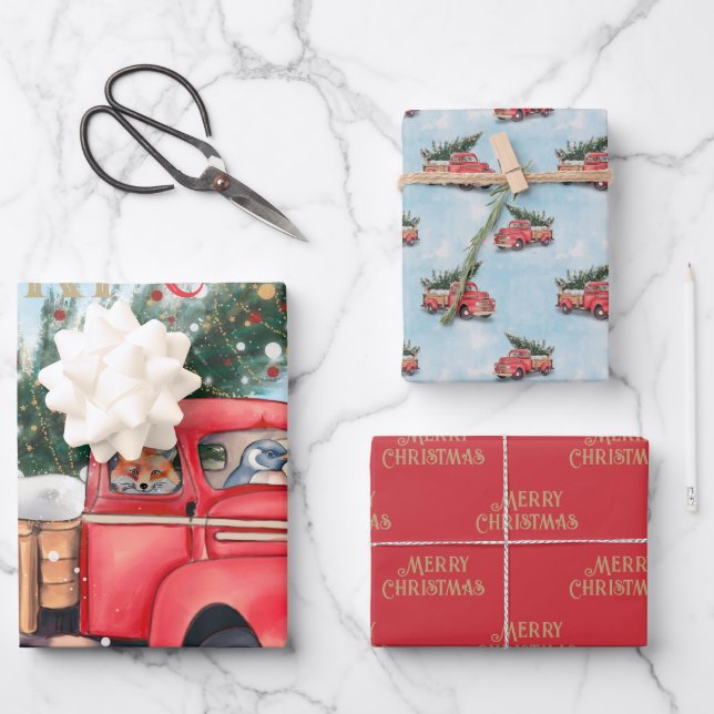 Vintage Red Truck Christmas Tree Wrapping Paper Sheets (Front)