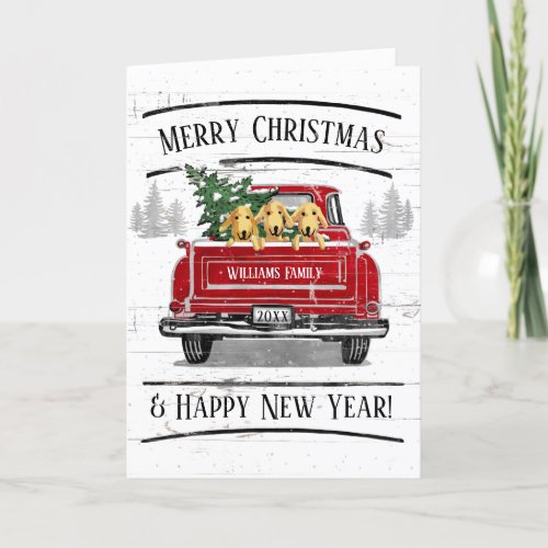 Vintage Red Truck Dogs Christmas Tree Family Holiday Card