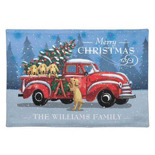 Vintage Red Truck Dogs Merry Christmas Family Name Cloth Placemat