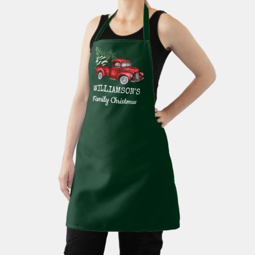 Vintage Red Truck Family Christmas Green Apron