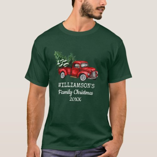 Vintage Red Truck Family Christmas Green T_Shirt