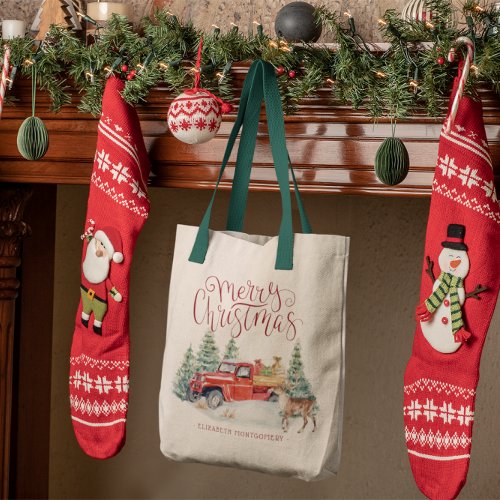 Vintage Red Truck  Family Christmas Monogram Tote Bag