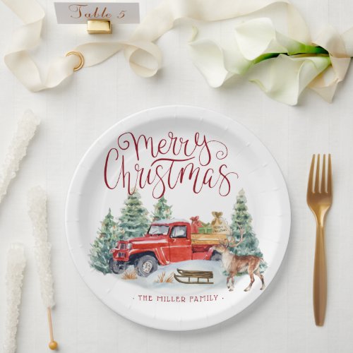 Vintage Red Truck  Family Christmas Personalized Paper Plates