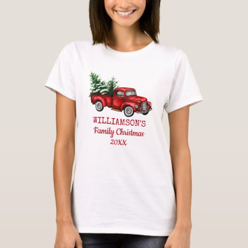 Vintage Red Truck Family Christmas Womens T_Shirt