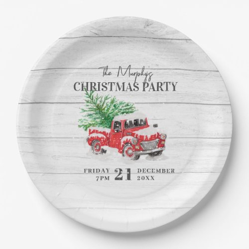 Vintage Red Truck Family Name Christmas Paper Plates