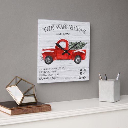 Vintage Red Truck  Farmhouse Christmas Square Wall Clock