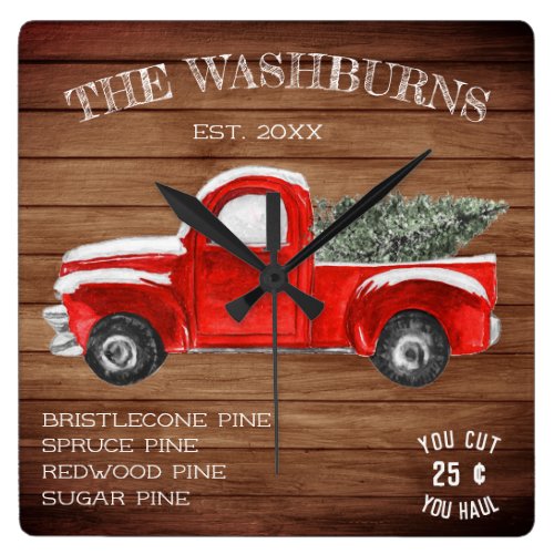 Vintage Red Truck | Farmhouse Christmas Square Wall Clock