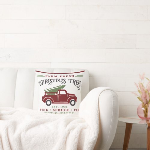 Vintage Red Truck Festive Holiday Christmas Trees Throw Pillow