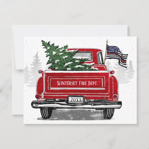 Vintage Red Truck Firefighter Thin Red Line Flag Holiday Card