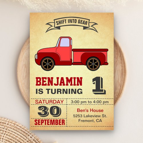 Vintage Red Truck First Birthday Party Invitation