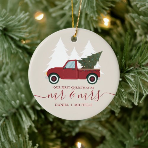 Vintage Red Truck First Christmas Married Ceramic Ornament