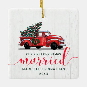 Vintage Red Truck First Christmas Married Photo Ceramic Ornament