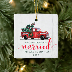 Vintage Red Truck First Christmas Married Rustic Ceramic Ornament