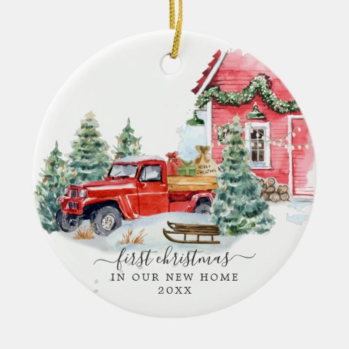 Vintage Red Truck  First Christmas New Home Ceramic Ornament